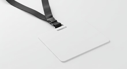 White ID badge hangs from a black lanyard lying on a white surface