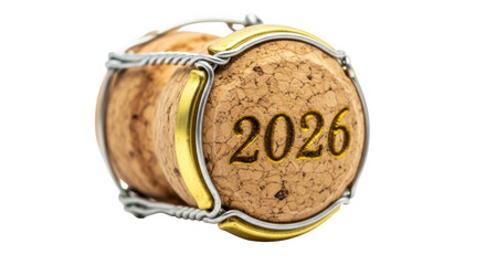 Champagne cork isolated on transparent background with the year 2026 printed on it