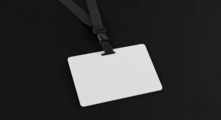 White ID badge on black lanyard lies on black surface simple  clean