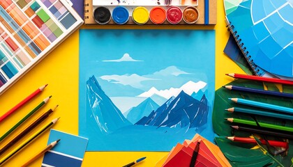 Artistic setup with art supplies surrounding landscape drawing