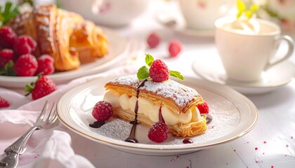 Elegant pastry dessert and berries arrangement with coffee