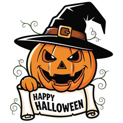 Cheerful pumpkin character in a witch hat presenting a “Happy Halloween” banner; great for stickers, posters, and decor