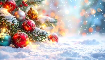 Enchanted Christmas Scene with Glowing Lights and Snowfall Background