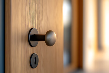 Obraz premium Close-up of a wooden door with a round handle and keyhole, blending modern design with natural textures. Soft lighting enhances the warm tones of the wood grain detail.
