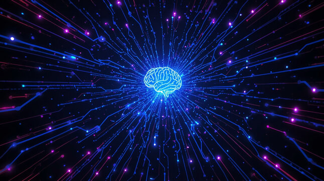 Futuristic glowing brain made of digital neural network lines, symbol of artificial intelligence, data connection and technology innovation with blue and purple neon light on dark background