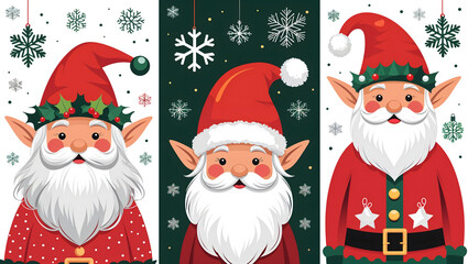 Flat illustration of three Christmas elves, modern style, bold lines, vibrant colors, delicate textures, simple, detailed, festive, cheerful, white background generative AI