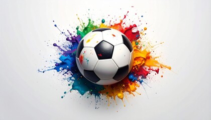 “Black and white soccer ball with colorful paint splashes on white background”