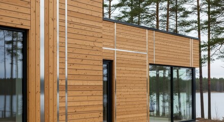 Geometric Harmony: Modern Wood and Steel Facade Reflecting a Serene Forest Lake