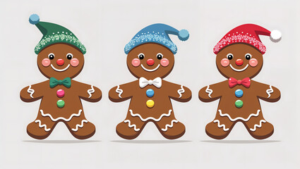Flat illustration of three Christmas Gingerbread Men, distinct expressions, colorful candy buttons, bold lines, vibrant colors, detailed patterns, festive, cheerful, modern, intricate generative AI