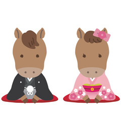 着物姿のかわいい干支シリーズ　午年/主線なし　和装で正座でご挨拶をする男女カップル
