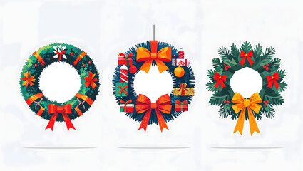 Flat illustration of three Christmas door wreaths, unique designs, vibrant colors, intricate details, bold lines, ribbons, bows, festive decorations, clean background, minimalist, modern generative AI