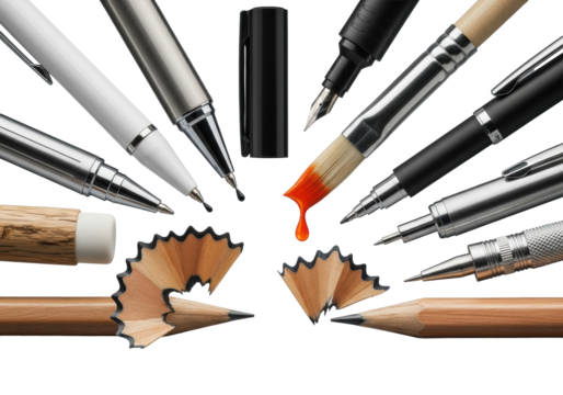 Macro close-up of pens, pencils, paintbrush orange paint, wood shavings. Still life on transparent with bokeh, dramatic lighting, artistic creation concept