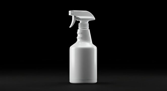 White plastic spray bottle featuring a distinct trigger handle stands against a solid black backdrop