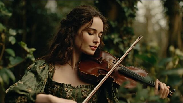 Woman plays violin outdoors surrounded by green foliage and sunlight
