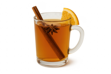 Mulled cider with cinnamon stick and orange slice