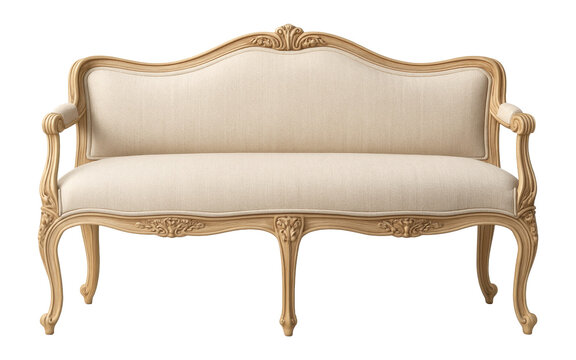 A French-inspired bench with carved details and linen upholstery for a timeless bedroom.