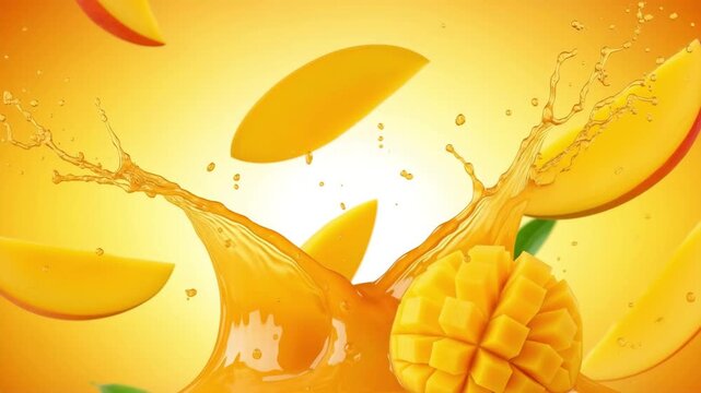 Mango slices splashing in juice with a yellow background