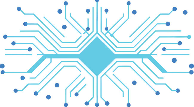An abstract blue-cyan circuit board design with connecting lines and nodes represents digital technology and data flow with a central glowing element. This design evokes themes of connectivity.