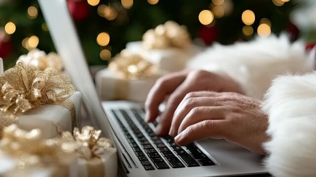 Santa types holiday messages by a cozy Christmas tree surrounded by beautifully wrapped gifts in a festive, warm atmosphere