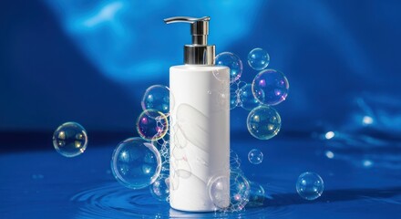 White Soap Dispenser with Bubbles on Blue Water Surface