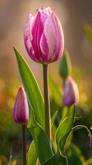 Elegant pink and white tulip, bathed in soft golden sunlight