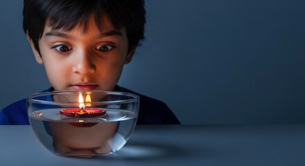 Child gazing at a floating candle in water - concept of curiosity and reflection
