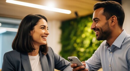 Friendly Business Discussion. Happy diverse colleagues smiling and laughing together during a break in a modern, green office. Concept of positive work culture and teamwork.
