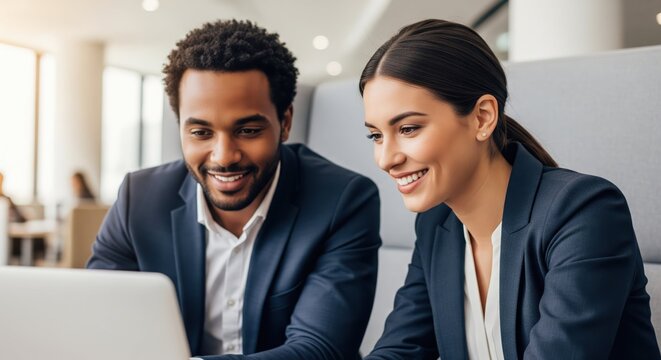 Diverse Business Collaboration. Happy diverse colleagues collaborating on a laptop in a modern office. Concept of teamwork, success, and professional partnership.