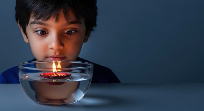 Child gazing at a floating candle in water - concept of curiosity and reflection