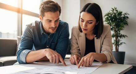 Team Collaboration on Project Plans. Focused professionals analyzing blueprints together at a modern office desk during a strategic planning session in natural daylight.