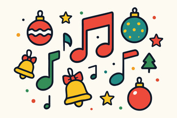 Festive christmas ornaments and musical notes celebrating holiday season