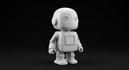White robot figure with round head square body  simple arms and legs against a dark background