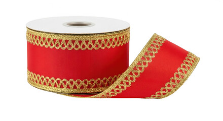 Red and gold decorative ribbon isolated on transparent background, for gift wrapping