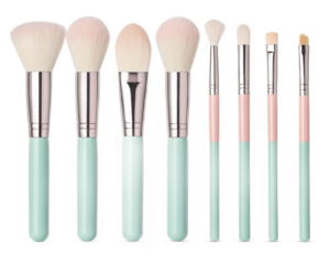 Pastel handle makeup brush set for flawless application and elegant beauty collection isolated on transparent background