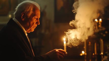 An elderly priest lighting a candle in a candlelit chapel, smoke rising gently, warm and sacred atmosphere