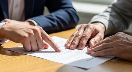 A close-up of two business professionals reviewing a contract or document on a wooden table, with one person's finger pointing to a specific line for emphasis or explanation.