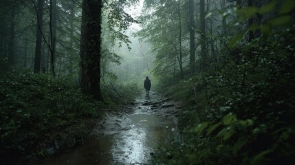 Obraz premium Lone Figure Walks Misty Forest Path, Atmospheric, Moody, Serene Scene.