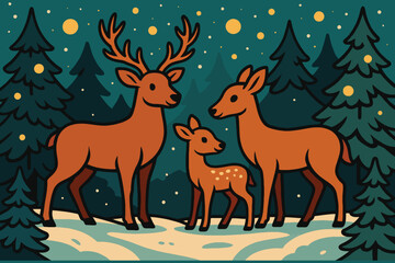 Charming illustration of a deer family with a fawn standing in a snowy forest at night with festive lights