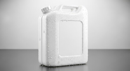 A close-up, isolated view of a white plastic container, with water droplets, on a reflective surface.
