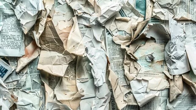 A detailed view of a stack of newspapers with text and images visible