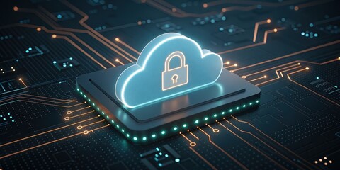 A glowing cloud icon with a padlock, symbolizing secure cloud storage on a circuit board background, representing digital security and technology.