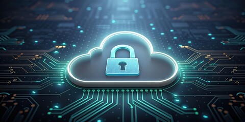 A digital cloud with a padlock symbolizes data security and protection in the realm of technology and cloud computing.