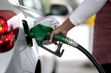 Fueling up a car at a gas station. A person is holding a fuel nozzle. The nozzle is green, and it is inserted into the car's fuel tank. Filling the car to get back on the road.