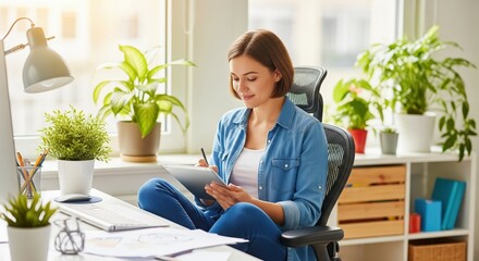 A young woman sits cross-legged on her office chair in a bright, plant-filled home office, comfortably writing or working on a tablet in sunlight.