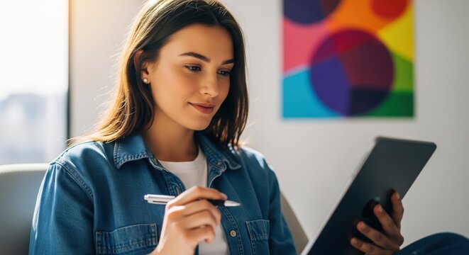 A focused young woman in a denim shirt uses a stylus on a digital tablet, working or drawing in a bright, creative space with a colorful piece of art in the background.