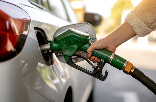 Fueling up at the station. A woman is holding a green fuel pump nozzle attached to a white car. The scene captures the routine of refueling with sunlight adding a warm glow.
