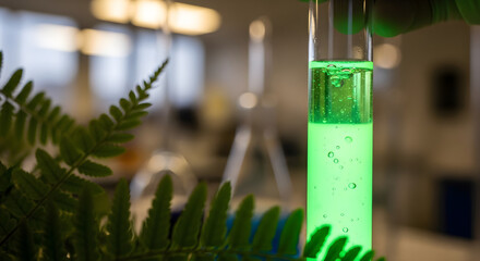 Lab test tube with green liquid, scientific research, chemistry experiment