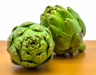 Obraz premium Two fresh raw artichokes isolated on white background. Top view.