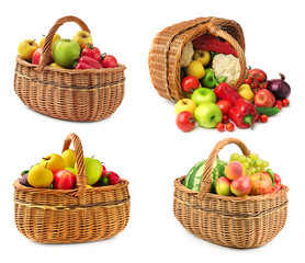 Wicker Basket Filled with Fresh Fruits and Vegetables Isolated on White Background