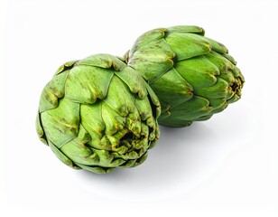 Obraz premium Two fresh raw artichokes isolated on white background. Top view.